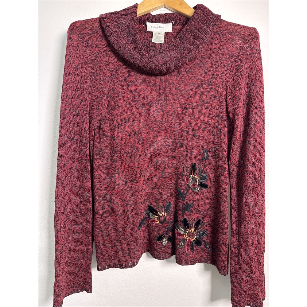 Vintage Susan Bristol Maroon Sweater‎ Embellished Hand Embroidered Size Med
